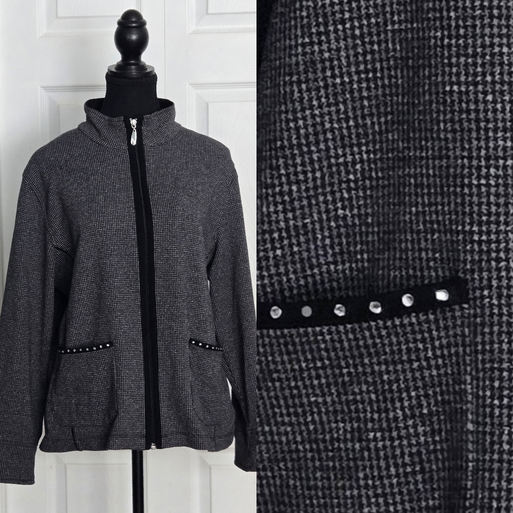 ALIA Petite Houndstooth Zip Jacket, Studded Pockets & Collar, Size PM/M
